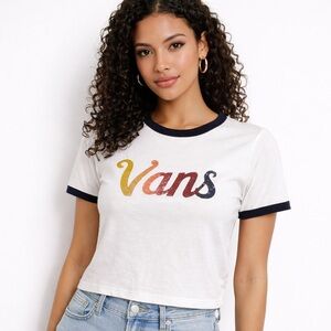 Vans Juniors Ringer Crop Baby Tee White Multicolor Logo Size L